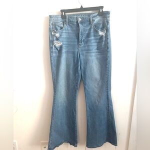 American Eagle Womens Jeans Stretch Denim 14 Long Distressed Flare Medium Wash